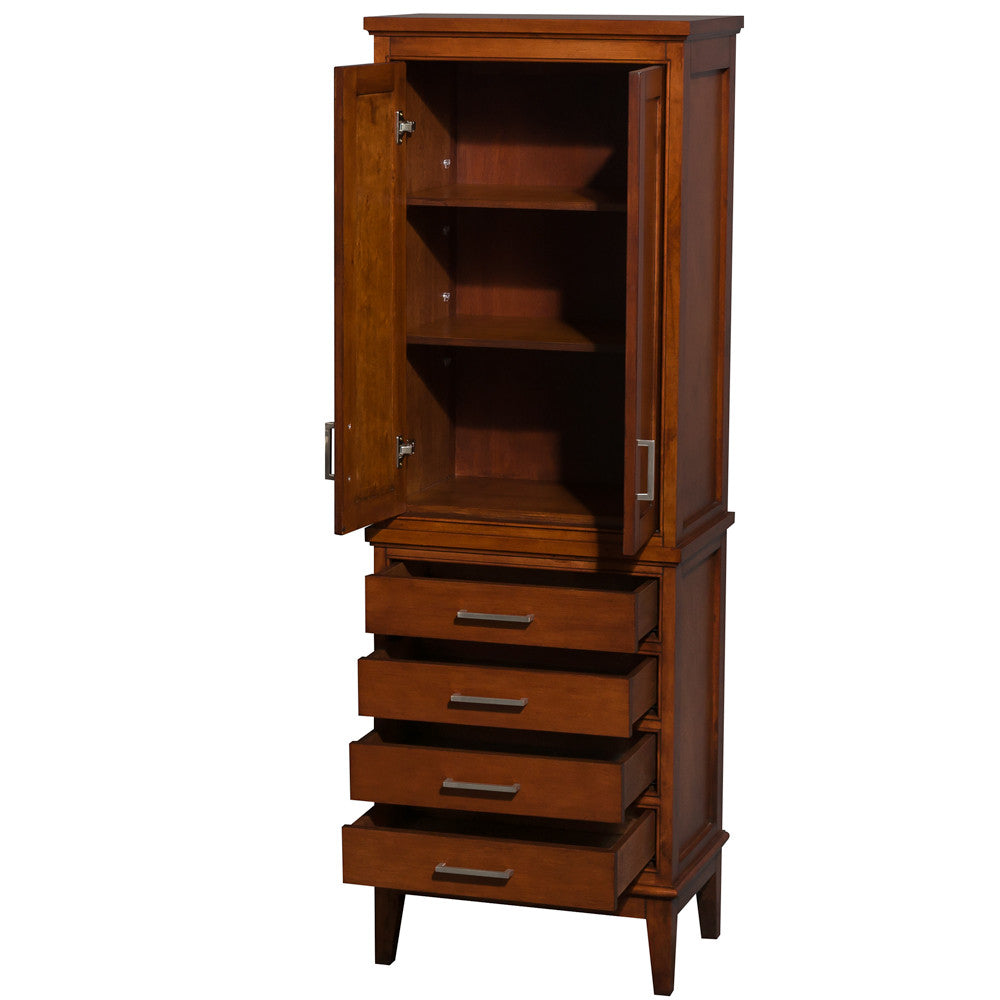 Hatton Bathroom Linen Tower in Light Chestnut with Shelved Cabinet Storage and 4 Drawers