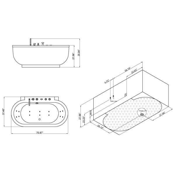 Ariel Platinum AM128 Whirlpool Bathtub 70" x 37" x 27"