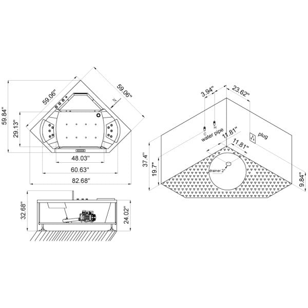 Ariel Platinum AM156 Whirlpool Bathtub 59 x 59 x 24