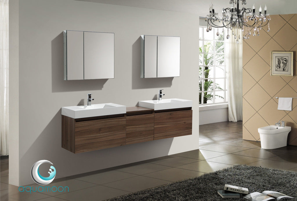 Aquamoon Venice 83' Double Modern Bathroom Vanity Set Infinity Sink - Walnut