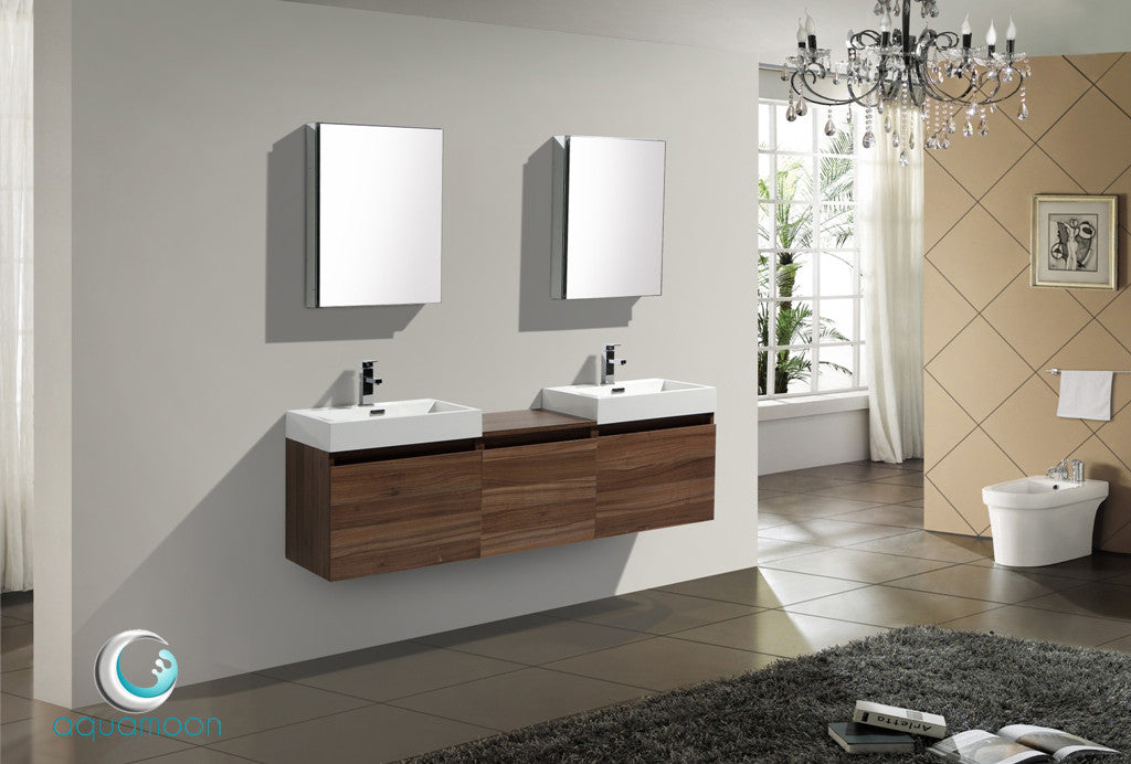 Aquamoon Venice 68 Double Modern Bathroom Vanity Set Square Sink - Walnut
