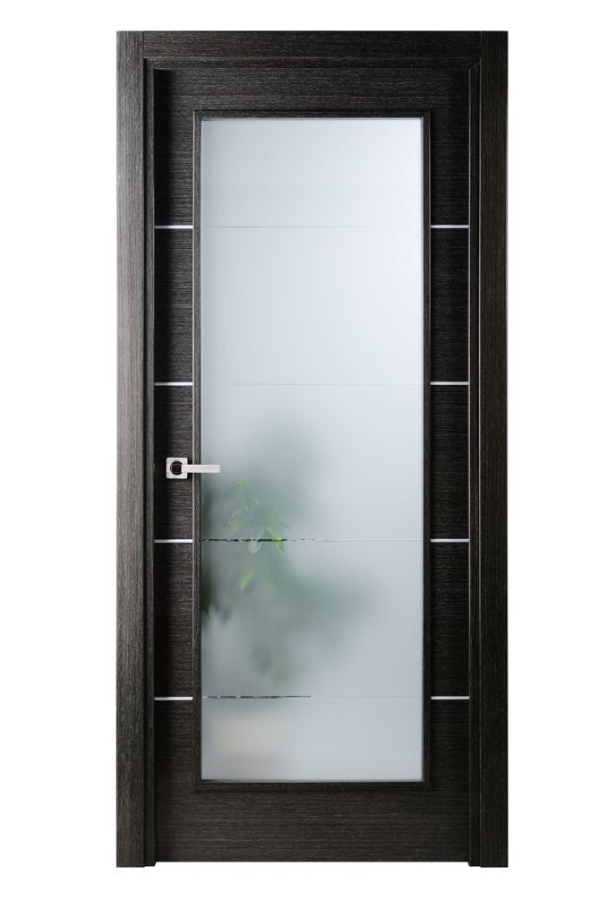 Avanti Vetro Interior Door In A Black Apricot Finish W/ Silver Strips And Frosted Glass