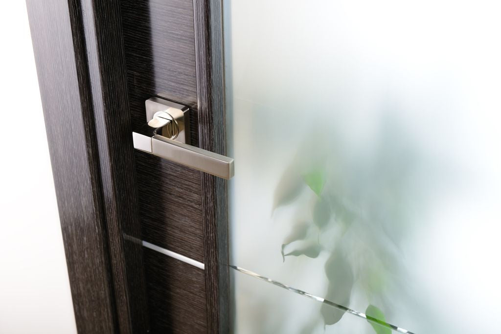 Avanti Vetro Interior Door In A Black Apricot Finish W/ Silver Strips And Frosted Glass