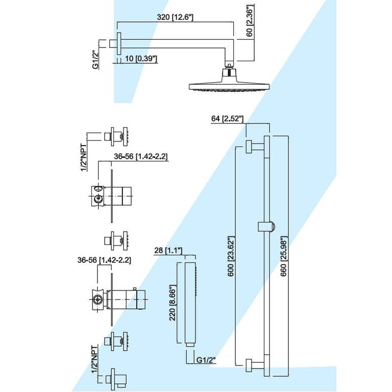 Mz Cubic Modern Bathroom Shower Set W/ Hand Shower & 6 Swivel Jets - Chrome Or Brushed Nickel