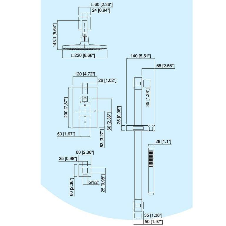 Mz Cubic Modern Bathroom Shower Set W/ Hand Shower - Chrome Or Brushed Nickel