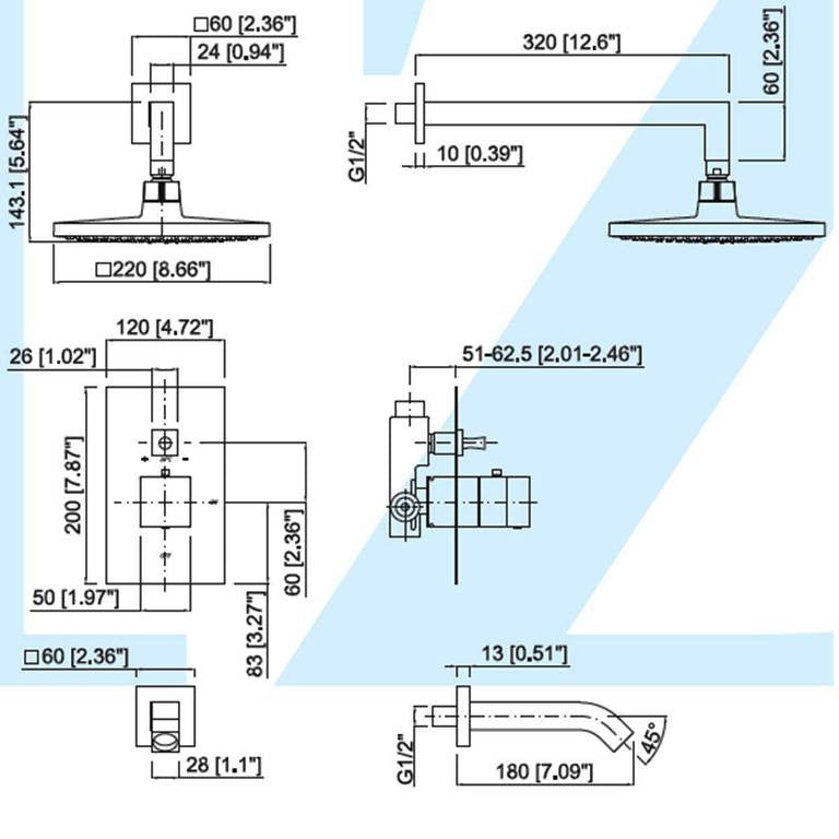 Mz Cubic Modern Bathroom Shower Set W/ Spout - Chrome Or Brushed Nickel
