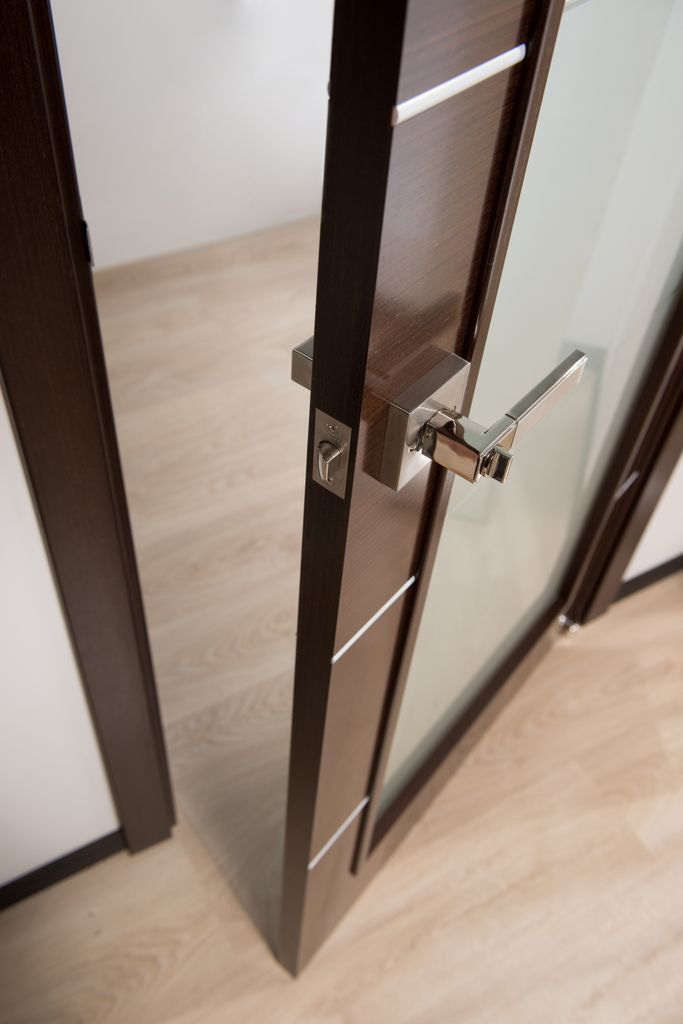 Mia Interior Door In A Wenge Finish W/ Silver Strips And Frosted Glass