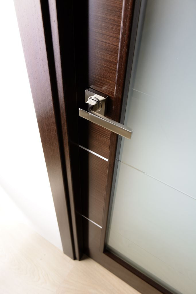Mia Interior Door In A Wenge Finish W/ Silver Strips And Frosted Glass