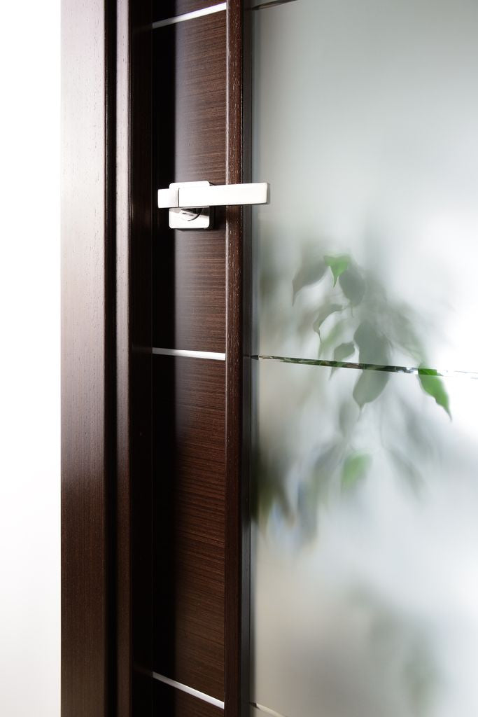 Mia Interior Door In A Wenge Finish W/ Silver Strips And Frosted Glass