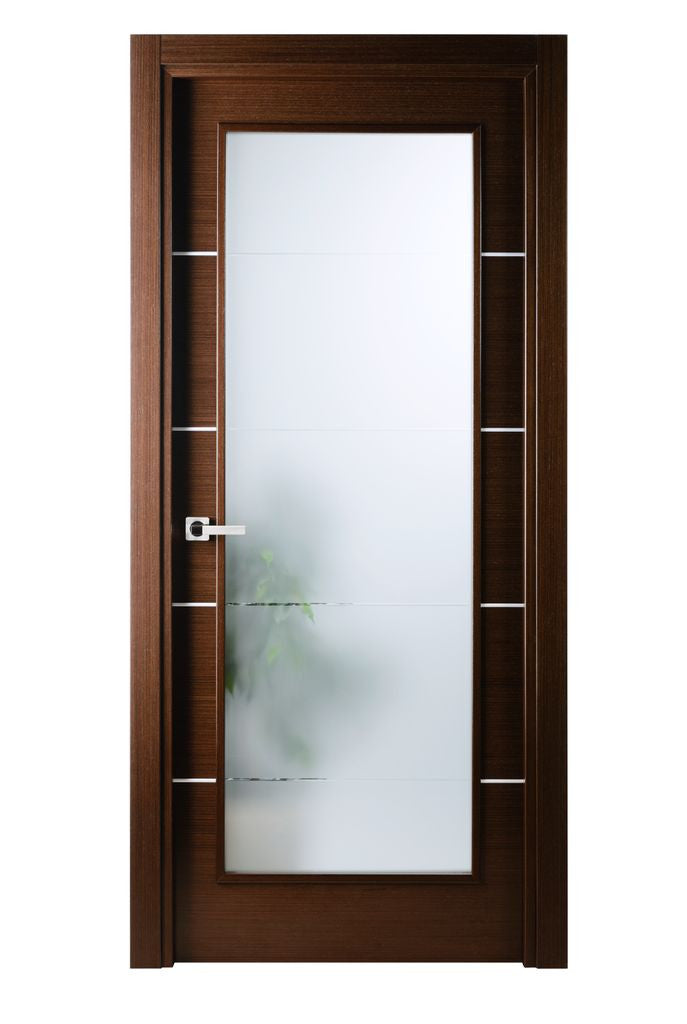 Mia Interior Door In A Wenge Finish W/ Silver Strips And Frosted Glass