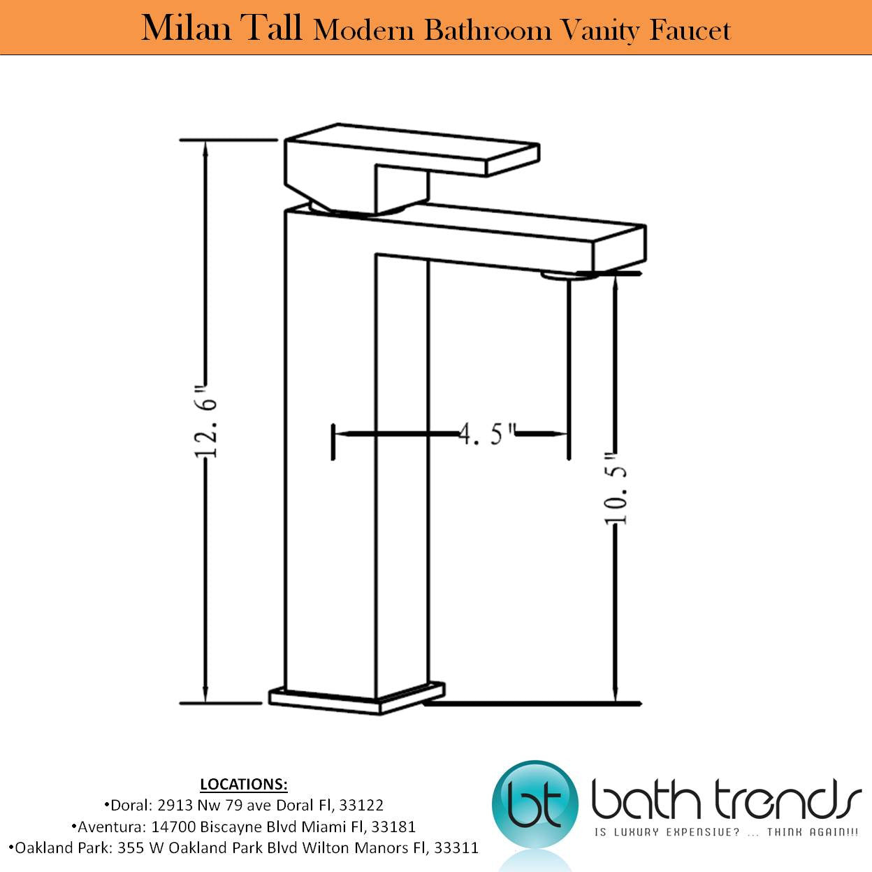 Aqua Decor Milan Tall Single Hole Mount Modern Bathroom Vanity Faucet - Chrome Or Brushed Nickel