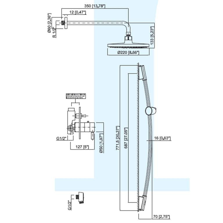 Mz Minima Modern Bathroom Thermostatic Shower Set W/ Hand Shower - Chrome Or Brushed Nickel