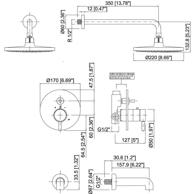 Mz Minima Modern Bathroom Thermostatic Shower Set W/ Spout - Chrome Or Brushed Nickel