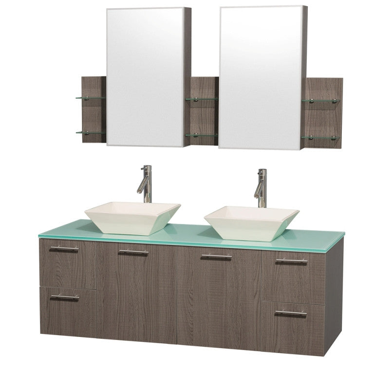 WYNDHAM COLLECTION Amare 60" Wall-Mounted Bathroom Double Vanity Set With Vessel Sinks - Gray oak