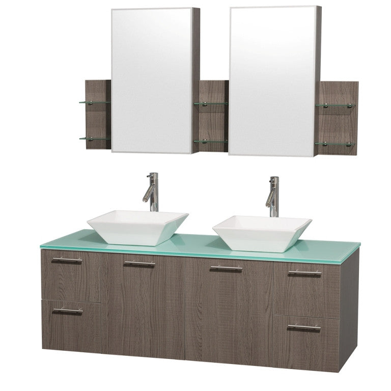 WYNDHAM COLLECTION Amare 60" Wall-Mounted Bathroom Double Vanity Set With Vessel Sinks - Gray oak