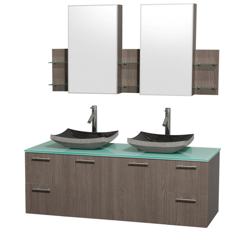 WYNDHAM COLLECTION Amare 60" Wall-Mounted Bathroom Double Vanity Set With Vessel Sinks - Gray oak