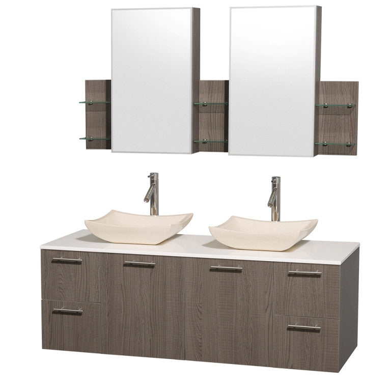 WYNDHAM COLLECTION Amare 60" Wall-Mounted Bathroom Double Vanity Set With Vessel Sinks - Gray oak