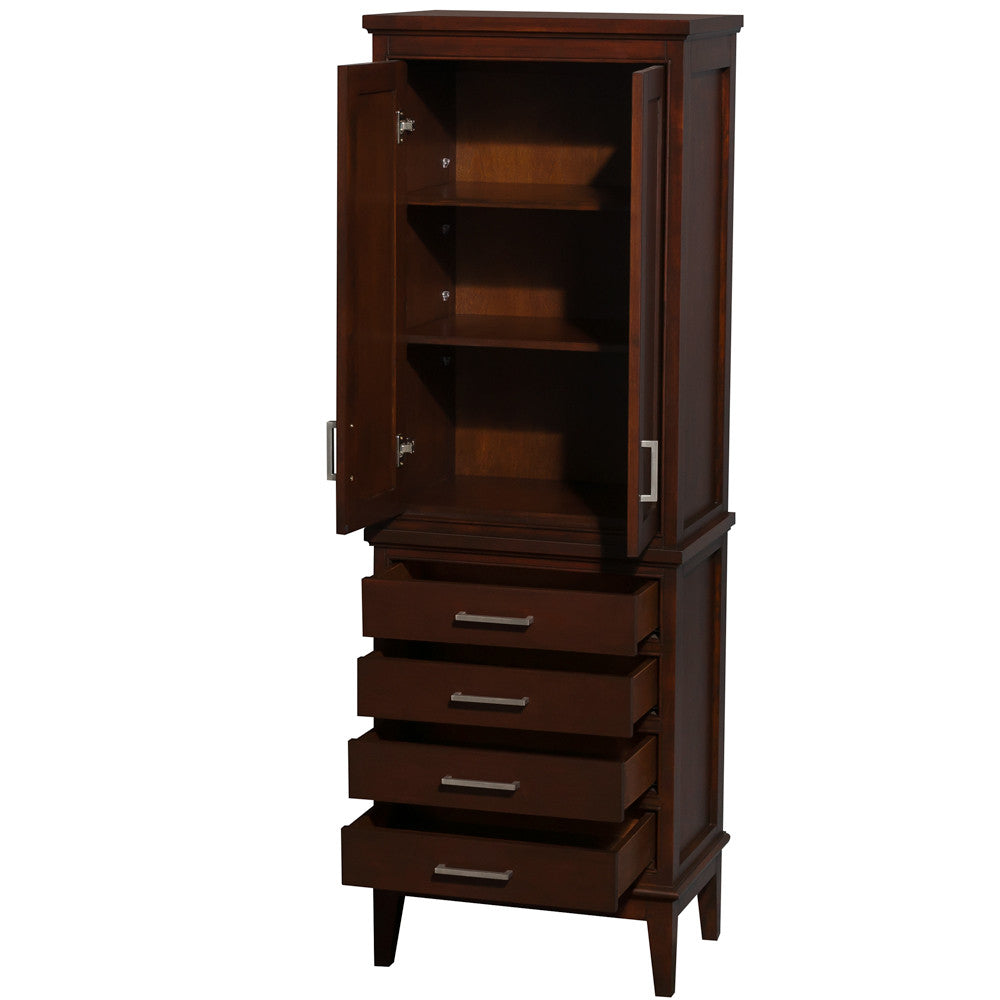 Hatton Bathroom Linen Tower in Dark Chestnut with Shelved Cabinet Storage and 4 Drawers