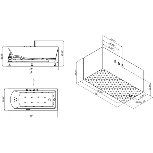 Ariel Platinum AM154R 70" Whirlpool Bathtub 70 x 31 x 25