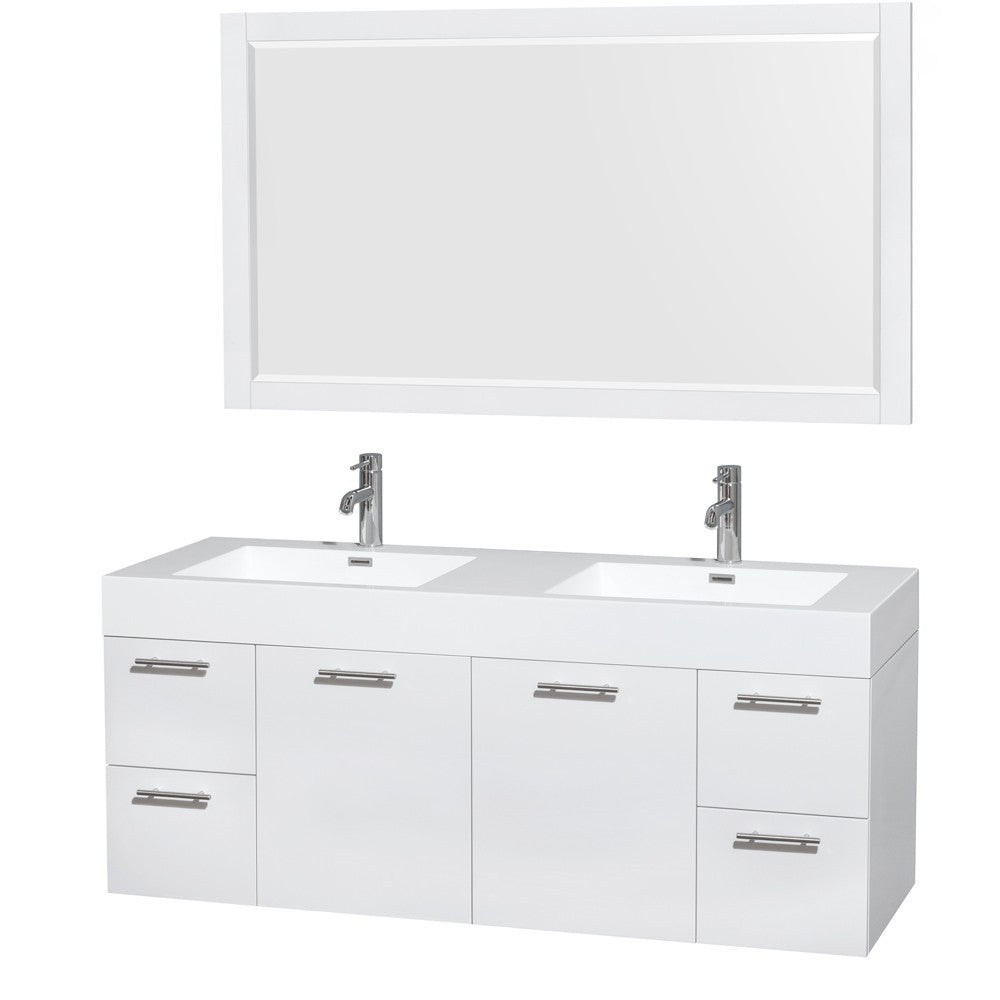 Wyndham Collection Amare 60" Wall-Mounted Double Bathroom Vanity Set With Integrated Sinks - Glossy White