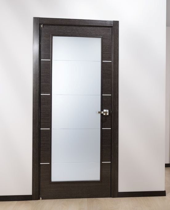 Avanti Vetro Interior Door In A Black Apricot Finish W/ Silver Strips And Frosted Glass