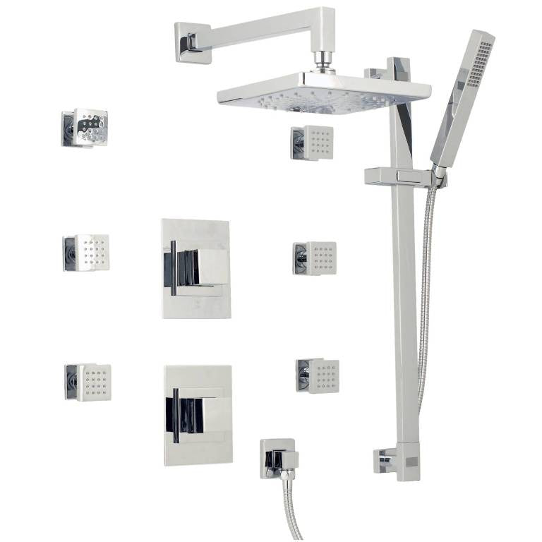 Mz Cubic Modern Bathroom Shower Set W/ Hand Shower & 6 Swivel Jets - Chrome Or Brushed Nickel