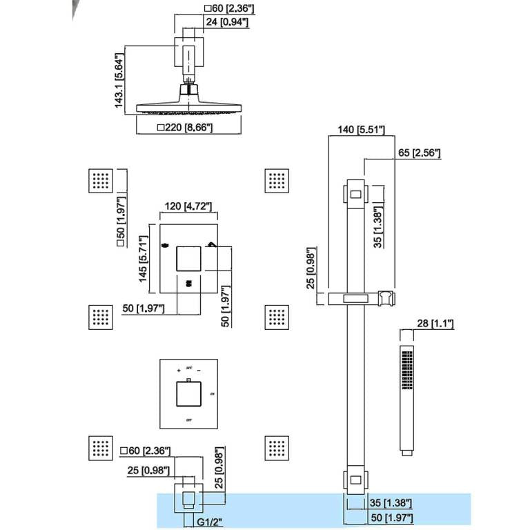 Mz Cubic Modern Bathroom Shower Set W/ Hand Shower & 6 Swivel Jets - Chrome Or Brushed Nickel