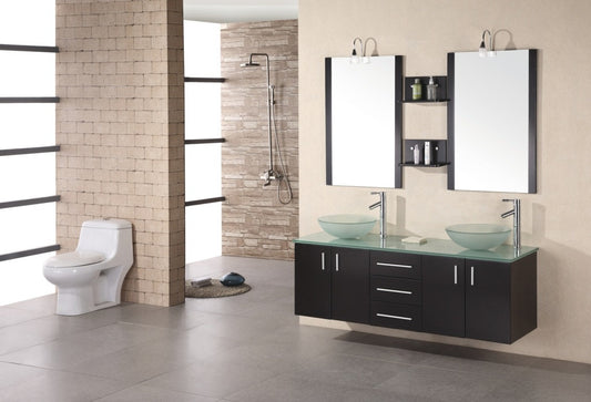 DESIGN ELEMENT Portland 61" Double Sink Vanity Set w/ Glass Vessel Sinks