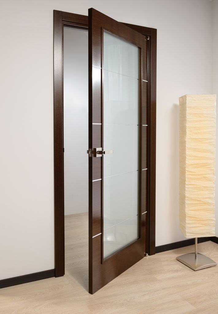 Mia Interior Door In A Wenge Finish W/ Silver Strips And Frosted Glass