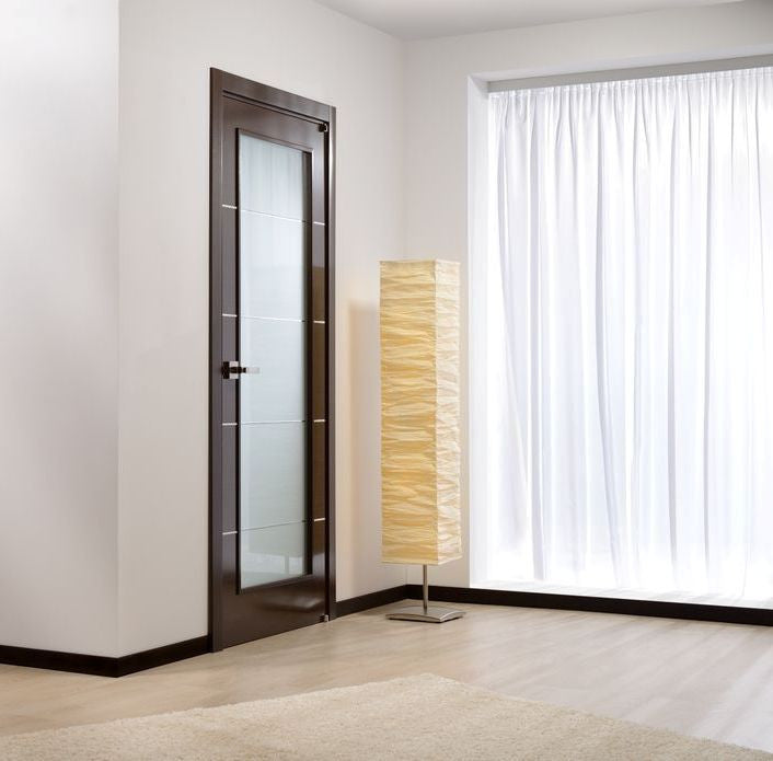 Mia Interior Door In A Wenge Finish W/ Silver Strips And Frosted Glass