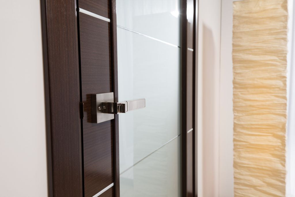 Mia Interior Door In A Wenge Finish W/ Silver Strips And Frosted Glass