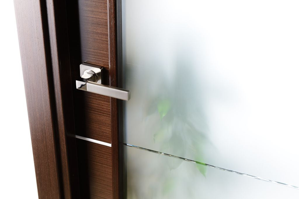 Mia Interior Door In A Wenge Finish W/ Silver Strips And Frosted Glass