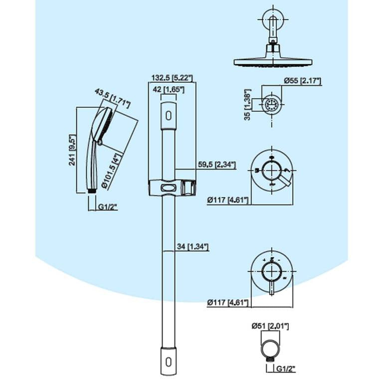 Mz Minima Modern Bathroom Thermostatic Shower Set W/ Hand Shower & 6 Jets - Chrome Or Brushed Nickel