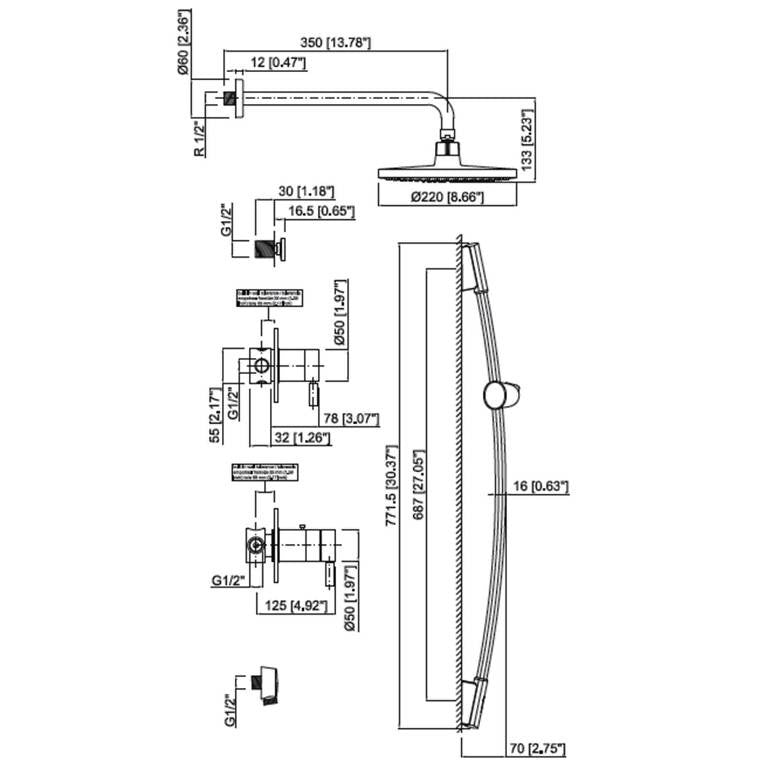Mz Minima Modern Bathroom Thermostatic Shower Set W/ Hand Shower & 6 Jets - Chrome Or Brushed Nickel
