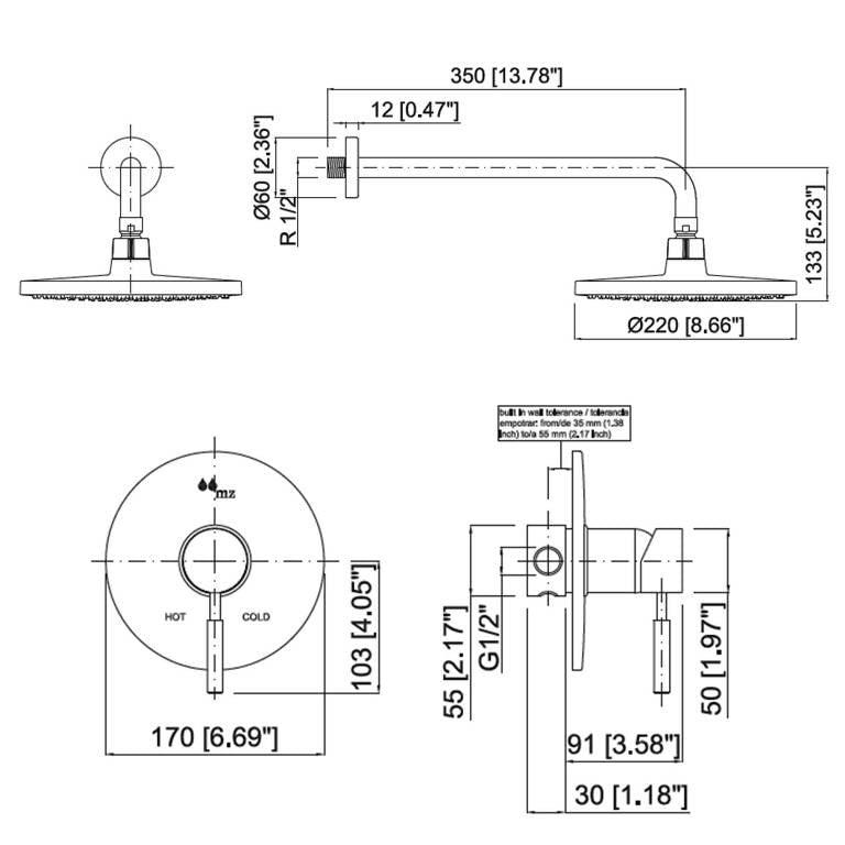 Mz Minima Modern Bathroom Shower Set - Chrome Or Brushed Nickel