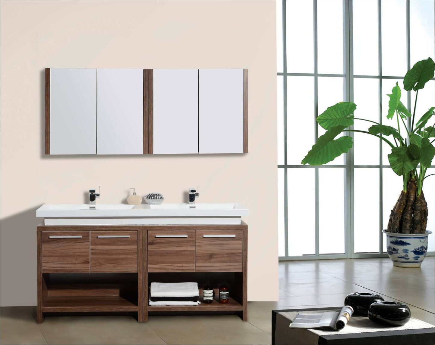 Aquamoon Sparta 63 Walnut Double Sink Modern Bathroom Vanity Set