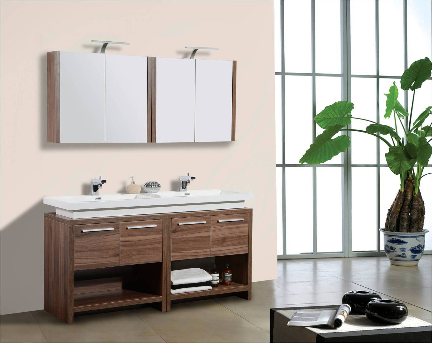 Aquamoon Sparta 63 Walnut Double Sink Modern Bathroom Vanity Set