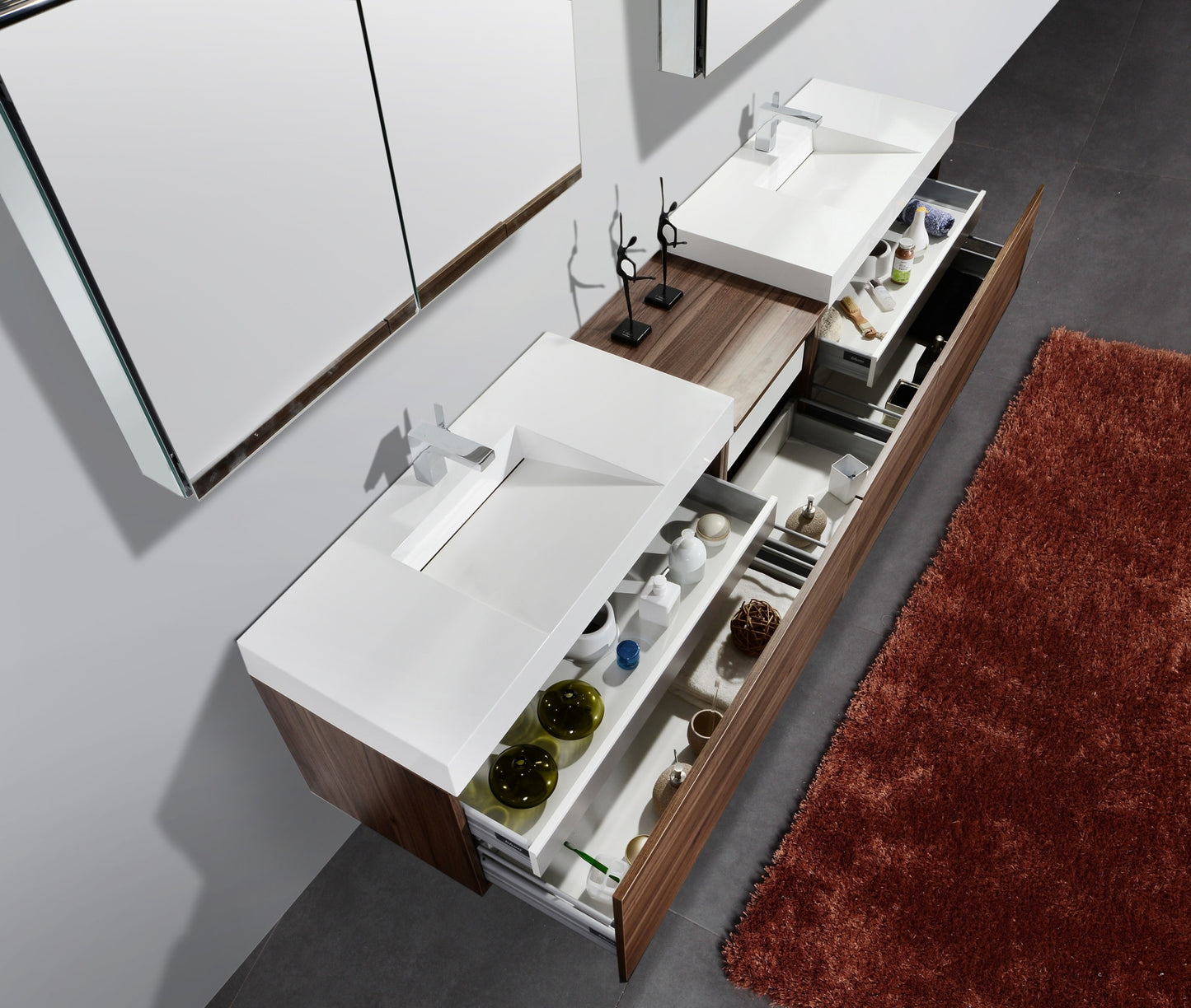 Aquamoon Venice 98 Double Modern Bathroom Vanity set - Walnut