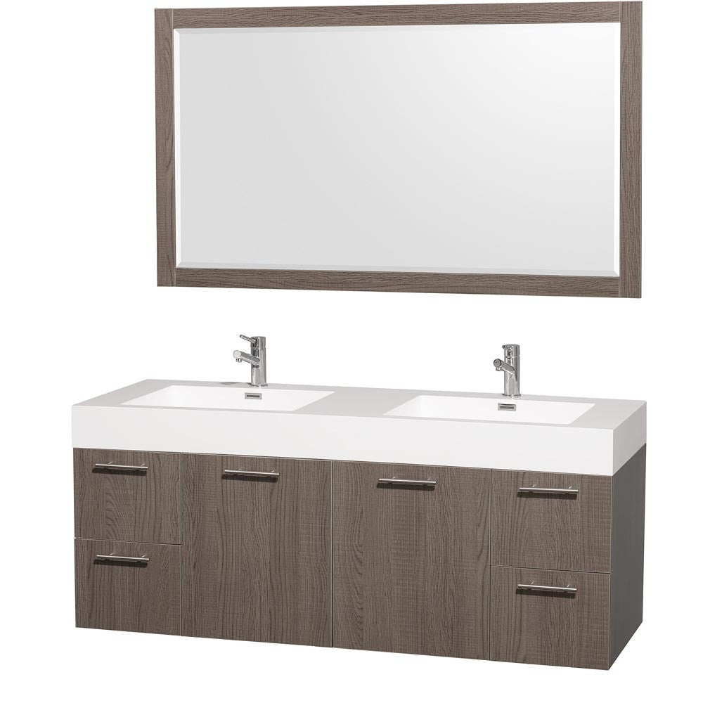 WYNDHAM COLLECTION Amare 60" Wall Mounted Double Bathroom Vanity Set With Integrated Sinks - Gray Oak