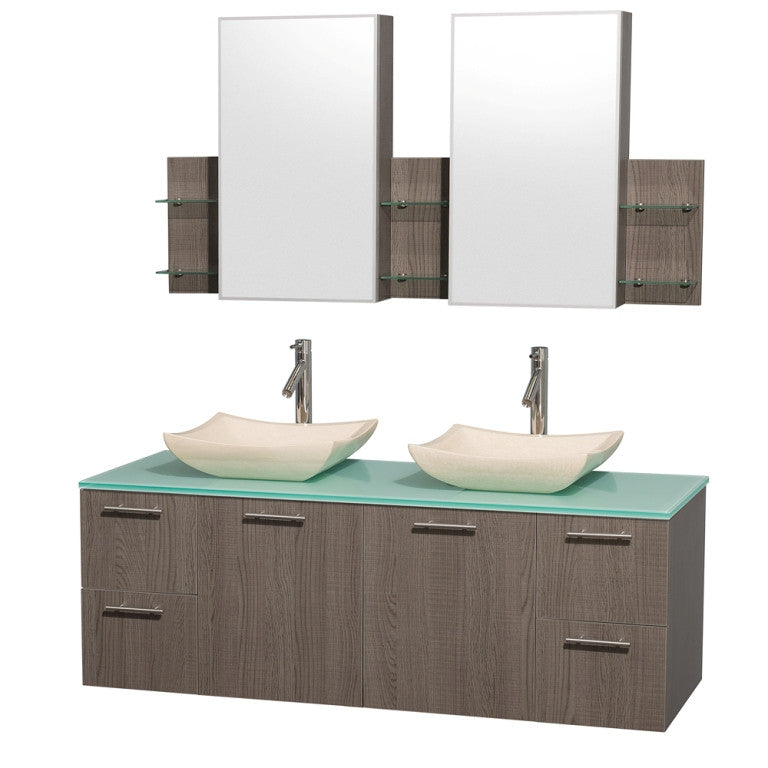 WYNDHAM COLLECTION Amare 60" Wall-Mounted Bathroom Double Vanity Set With Vessel Sinks - Gray oak