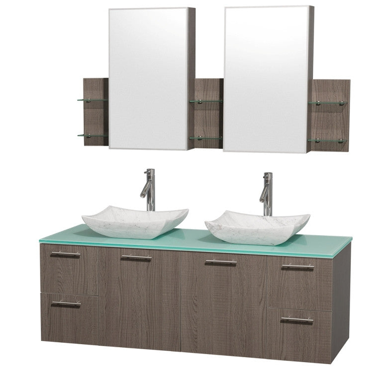 WYNDHAM COLLECTION Amare 60" Wall-Mounted Bathroom Double Vanity Set With Vessel Sinks - Gray oak