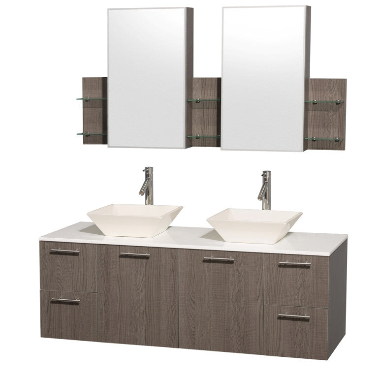 WYNDHAM COLLECTION Amare 60" Wall-Mounted Bathroom Double Vanity Set With Vessel Sinks - Gray oak