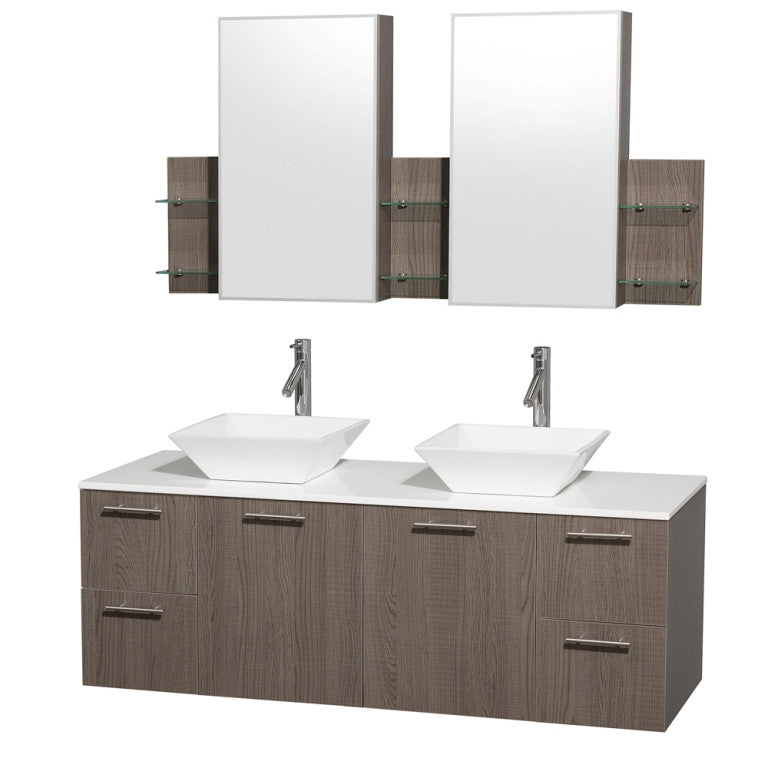 WYNDHAM COLLECTION Amare 60" Wall-Mounted Bathroom Double Vanity Set With Vessel Sinks - Gray oak