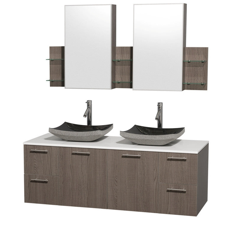 WYNDHAM COLLECTION Amare 60" Wall-Mounted Bathroom Double Vanity Set With Vessel Sinks - Gray oak
